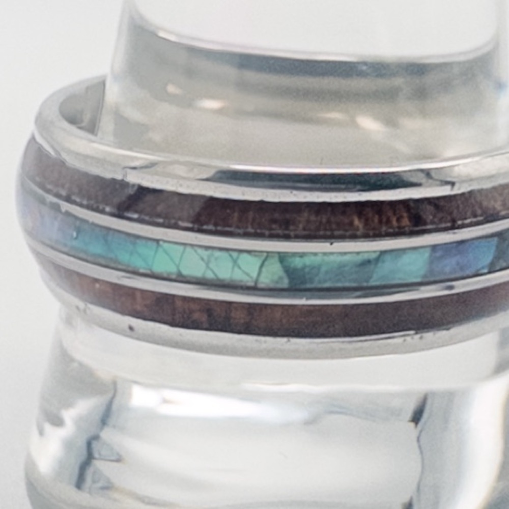 Mens Tungsten Carbide Ring With Wood & Opal Inlay Durable & Stylish Design - Picture 10 of 13